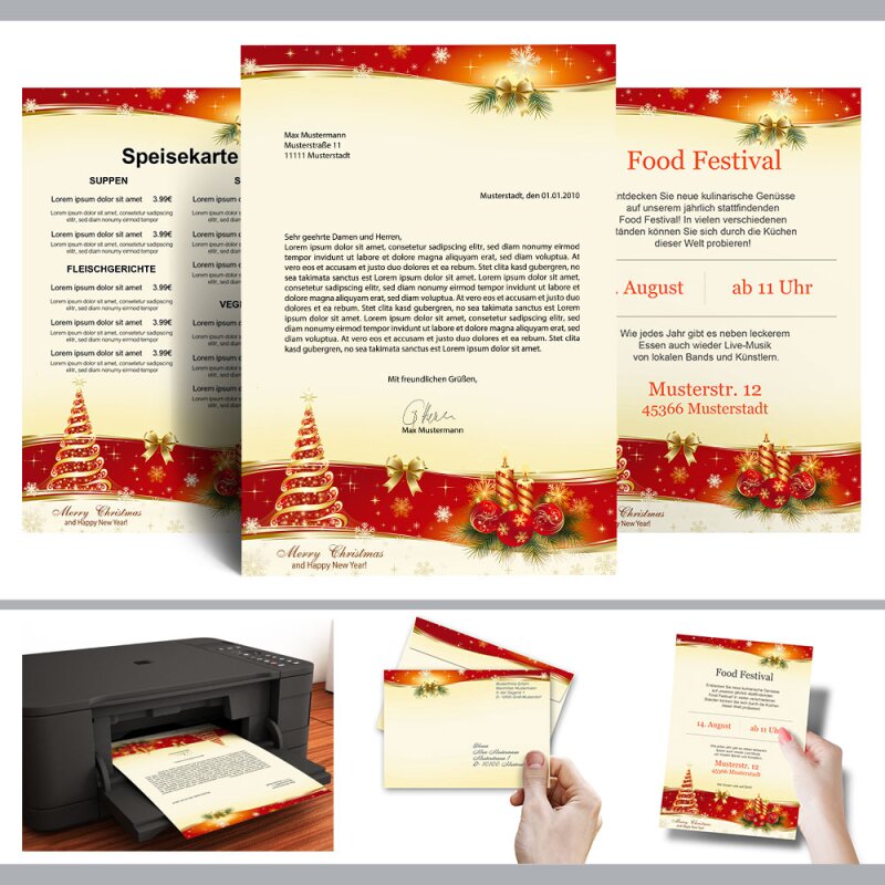 50 Blatt Motivpapier A4 und 50 FENSTER-Briefumschläge Weihnachts-Briefpapier Set Weihnachtskugeln im Schnee 
