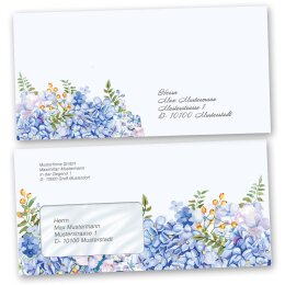 Motiv-Briefumschläge Blumen & Blüten, BLAUE HORTENSIEN 50 Briefumschläge (mit Fenster) - DIN LANG (220x110 mm) | selbstklebend | Online bestellen! | Paper-Media