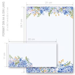 Briefpapier Set BLAUE HORTENSIEN - 40-tlg. DL (ohne Fenster)