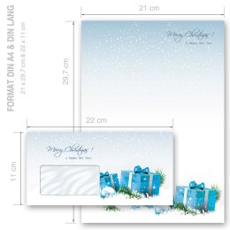 Briefpapier Set BLAUE WEIHNACHTSGESCHENKE - 100-tlg. DL (mit Fenster)