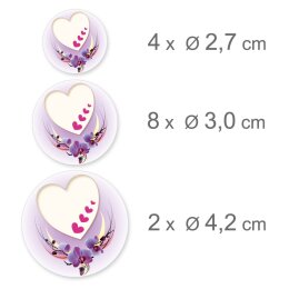 10 Stickerbögen mit 140 Sticker HERZ MIT LILA ORCHIDEEN | Besondere Anlässe | Bunte Sticker-Bögen! Ideal zum Bekleben von Briefumschlägen, Terminplanern, Geschenken, Blumensträußen und Glas! | Paper-Media