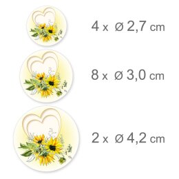 Blumenmotiv | Stickerbogen - Motiv HERZ MIT SONNENBLUMEN | Besondere Anlässe | Ideal zum Bekleben von Briefumschlägen, Terminplanern, Geschenken, Blumensträußen und Glas! | Paper-Media