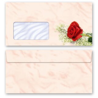 Motiv-Briefumschläge Blumen & Blüten, ROTE ROSE 25 Briefumschläge (mit Fenster) - DIN LANG (220x110 mm) | selbstklebend | Online bestellen! | Paper-Media