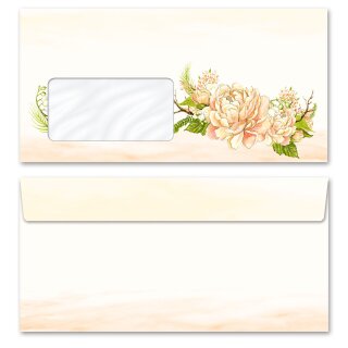 Briefumschläge PFINGSTROSEN - 10 Stück DIN LANG (mit Fenster) Blumen & Blüten, Rosenmotiv, Paper-Media