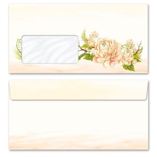 Briefumschläge PFINGSTROSEN - 100 Stück DIN LANG (mit Fenster) Blumen & Blüten, Rosenmotiv, Paper-Media
