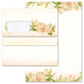 Briefpapier Set PFINGSTROSEN - 40-tlg. DL (mit Fenster) Blumen & Blüten, Rosenmotiv, Paper-Media