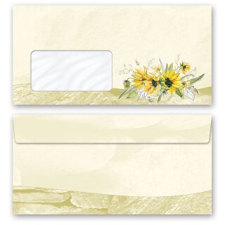 Briefumschläge GELBE SONNENBLUMEN - 10 Stück DIN LANG (mit Fenster) Blumen & Blüten, Blumenmotiv, Paper-Media