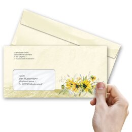 Briefumschläge GELBE SONNENBLUMEN - 100 Stück DIN LANG (mit Fenster)