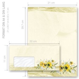 Briefpapier Set GELBE SONNENBLUMEN - 100-tlg. DL (mit Fenster)