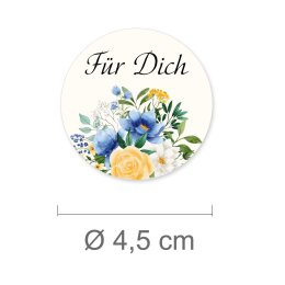 50 Aufkleber FÜR DICH - Blumenmotiv Rund Ø 4,5 cm 90 µm Haftfolie weiß matt, Geschenk Besondere Anlässe | Paper-Media