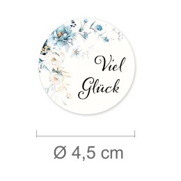 50 Aufkleber VIEL GLÜCK - Blumenmotiv Rund Ø 4,5 cm 90 µm Haftfolie weiß matt, Glückwünsche Besondere Anlässe | Paper-Media