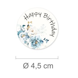 50 Aufkleber HAPPY BIRTHDAY - Blumenmotiv Rund Ø 4,5 cm 90 µm Haftfolie weiß matt, Geburtstag Besondere Anlässe | Paper-Media