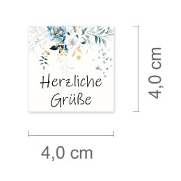 50 Aufkleber HERZLICHE GRÜßE - Blumenmotiv Quadrat 4 x 4 cm 90 µm Haftfolie weiß matt, Grüße Besondere Anlässe | Paper-Media
